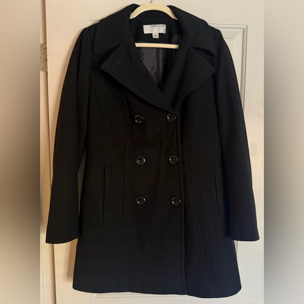 Anne Klein Black Double-Breasted Pea Coat, Size S